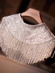 1 chiếc khăn choàng tua rua bạc sang trọng đính ngọc trai và đá rhinestone, thiết kế đa năng, khăn choàng dệt thủ công đính hạt, thích hợp cho ngày Valentine, trang phục ngày lễ, khăn choàng trang trí sang trọng. - bạc - Xem 4