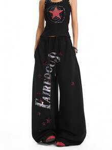 Distressed High Street Letter & Star Print Sweatpants, Loose Straight Leg Relaxed Fit Drawstring Casual Pants - Black - View 1