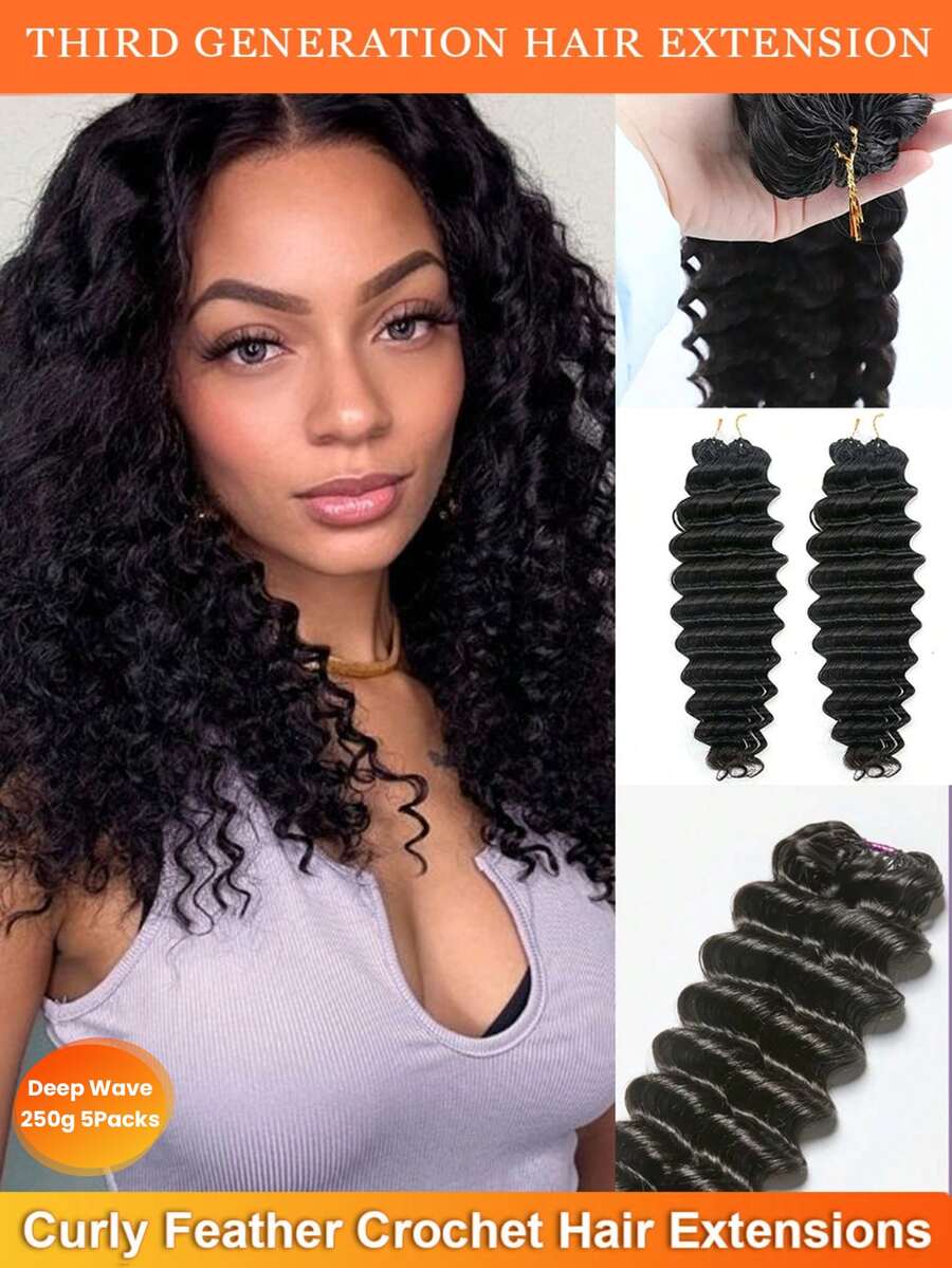 5 Packs Of 250g Deep Curl Feather-Like Human Hair Extensions, 3rd Generation Feather Crochet Curly Remy Human Hair Extensions, Natural Black Feather-Like Curly Crochet Hair Extensions, Suitable For Boho Braids And Protective Hairstyles - Natural Black - View 1