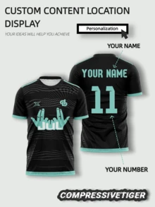 1pc Customized Black & Mint Green Personalized T-Shirt - Unique "JUL" Hand Gesture Design, Customizable Name & Number, Premium Fabric, Soccer/Fan Tee, High-Quality Custom Sportswear, Valentine's Day Gift - Mint Green - View 1