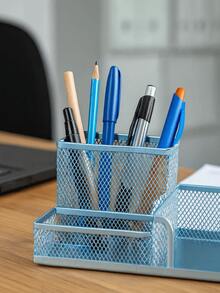 3 Compartment Pen Organizer Pencil Office Desk Storage Holder Stationery Decoration - 金屬3隔間淺藍色 - 查看 3