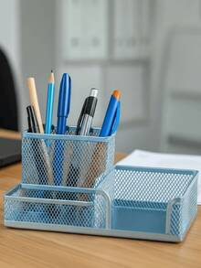 3 Compartment Pen Organizer Pencil Office Desk Storage Holder Stationery Decoration - 金屬3隔間淺藍色 - 查看 2