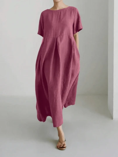 大码女士亚麻连衣裙，优雅简约，舒适透气，适合春、夏、秋季穿着，短袖，带口袋，圆领，褶裥设计，纯色长款连衣裙