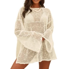 Womens Swimsuit Crochet Cover Up Sexy Boat Neck Bathing Suit Summer Long Sleev Beach Dress Coverup Bikini - Màu be - Xem 8