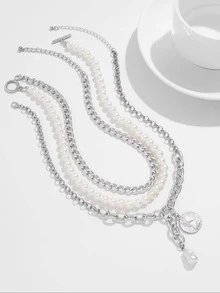 3pcs/Set Fashionable Metal Coin, Goddess Head, Heart Pendant Necklace, Minimalist Pearl Multi-Layer Choker Necklace Set, Suitable For Party, Gift, Daily Wear - Silver - View 3
