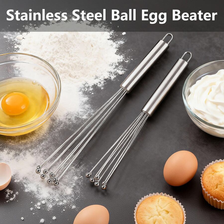 Batidor de bolas de acero inoxidable con mango, herramienta de mezcla para hornear, batidor de crema manual, mezclador manual - Plateado - Ver 1