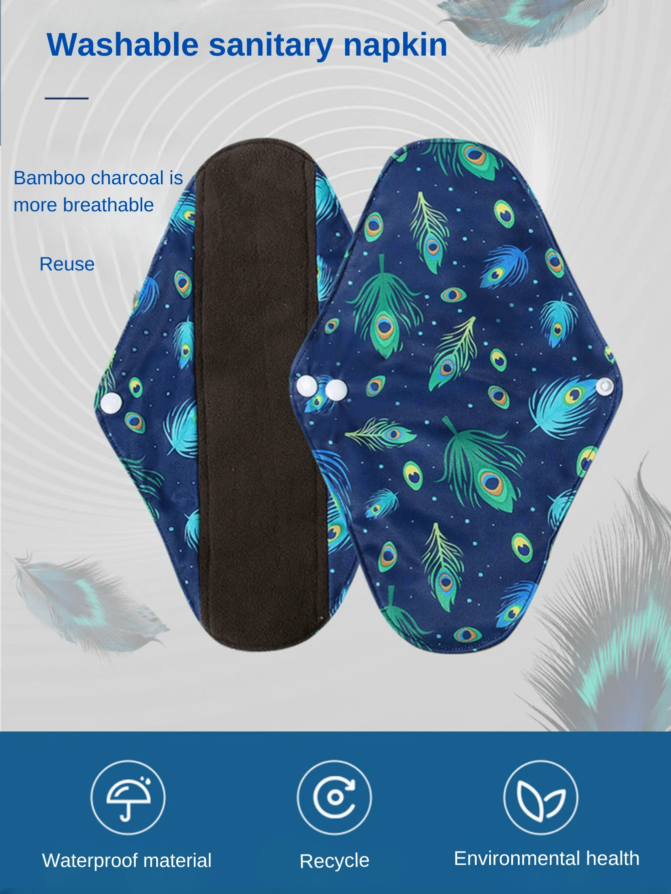 1pc Large Menstrual Pad,Reusable Bamboo Charcoal Panty Liner | Washable Leak-Proof Pads For Menstrual Daily Care - Multicolor - View 1