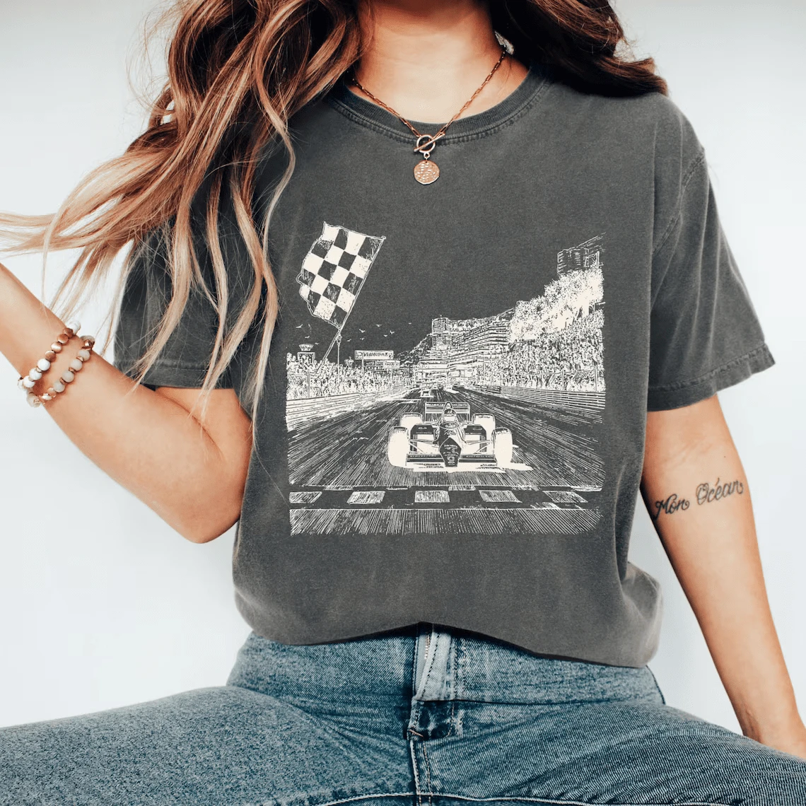 Retro  Racing Tee,  F1 Shirt, Vintage Racecar Hirt - 黑色 - 查看 1