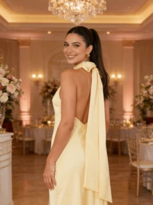 Women Scarf Maxi Dress Silk Halter Tie Up Backless Bodycon Dress Cowl Back Draped Party Wedding Dresses - Amarillo - Ver 5