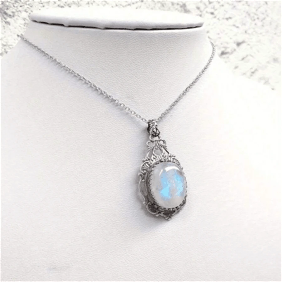 1 pieza Collar con colgante de piedra lunar vintage bohemia, accesorio de joyería de moda como regalo para mujeres - Plata antigua - Ver 1
