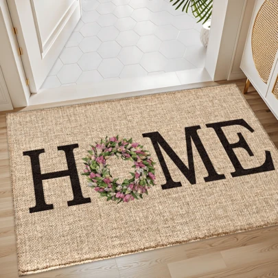 1 Stück Bauernhaus Stil "Zuhause" grafisch bedruckter Teppich, Kunstwoll-Matte - hochabsorbierend, leicht zu reinigen, geeignet für Heimdekoration, Bauernhaus, Eingangsbereich, Innenbereich, Raum, Küche, Esszimmer, kleines Büro/Homeoffice, Spüle, Waschküche, Fußmatte, Küchenmatte, rutschfeste Matte