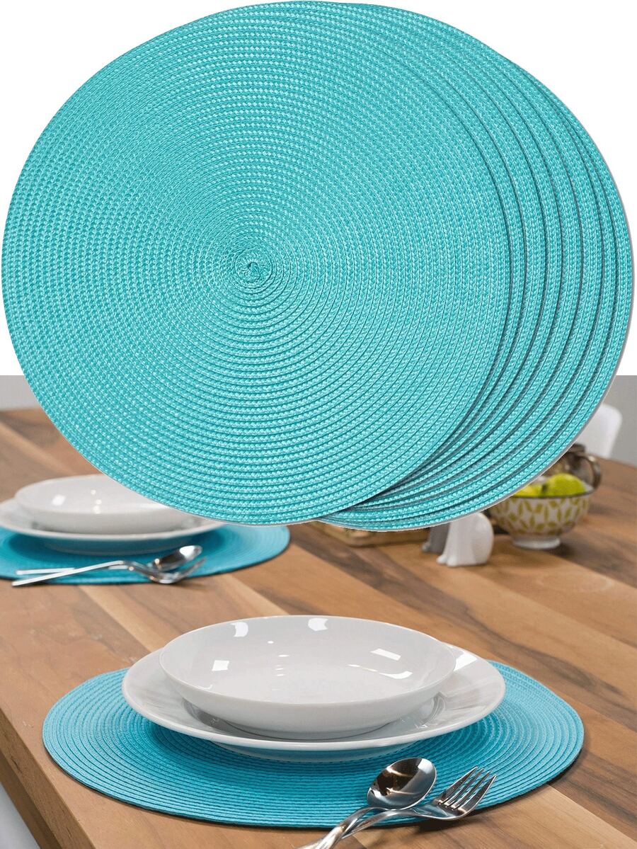 4/6pcs Light Blue Round Woven Placemats, 15 Inches, Rustic Style, Solid Color Minimalist Placemats, Heat Resistant Non-Slip Easy To Clean, Dining Table Decor, Suitable For Restaurant, Hotel, Daily Use, Holiday Party - Baby Blue - View 1
