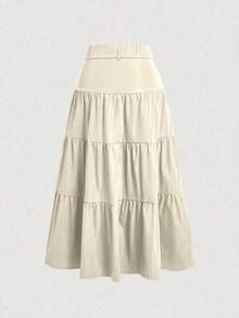 Kliou Fashion Women's Simple Casual Skirt With Ruffled Hem, Zipper, Button, High Waist, Three Tiers - Màu be 1 - Xem 2
