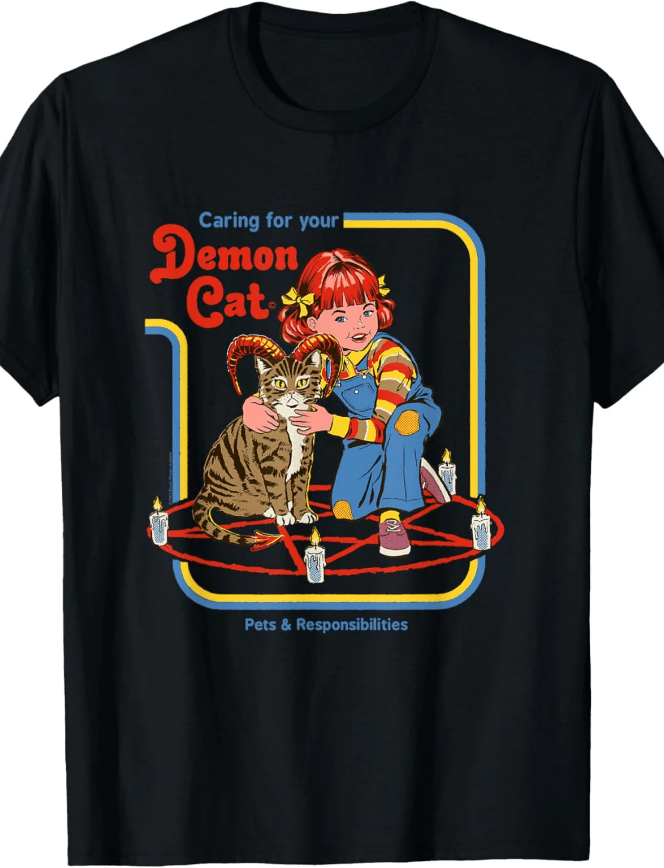Retro Caring For Your Demon Cat Vintage T-Shirt, Demon Cat Tee, Humor Gift For Fan, Cat Shirt, Comedic Fashion Style Shir - Black - View 1