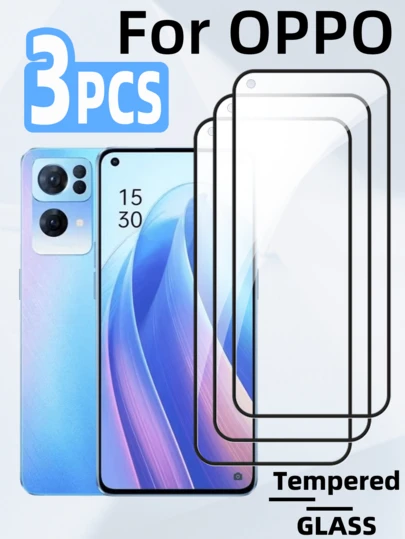 3片装全覆盖钢化玻璃屏幕保护膜，兼容OPPO手机，表面光滑，高清高硬度，防指纹、防刮花、防油污、防碎裂，易于安装，无白边、无气泡，兼容手机壳