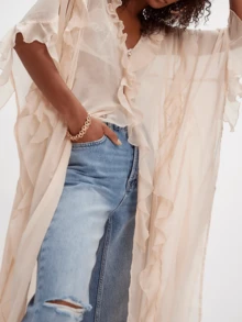 Women Chiffon See Through Flowy Maxi Top Tie Front Kimono Cardigan Sheer Long Sleeve Ruffled Duster Layering Shirt Cover Up - White - View 3
