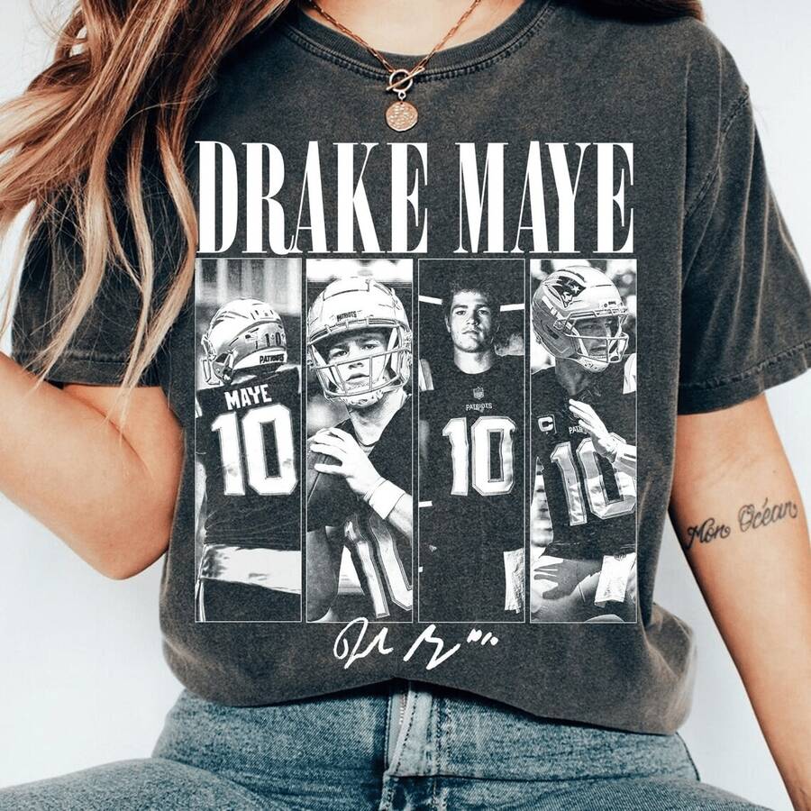Drake Maye Shirt Patrio Rookie Tee Quarterback Graphic Vintage Football Uni Shirt - Black - View 1
