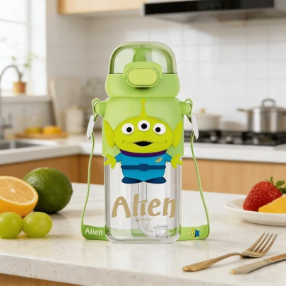 Miniso 600ml/20.29oz Alien Summer Drinking Cup, Large Capacity Straw Water Bottle With Lanyard, Leak-Proof For Outdoor Sports & Fitness