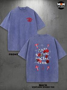 OM Studio - Retro Washed T-Shirt Double Sided Printed (230 Pure Cotton T-Shirt) Red Eyes Logo & Anti Social Club, Men's T-Shirt, Men's Casual, Comfortable, Fashionable T-Shirt, Street Style Cotton Size S XXXL, Ideal For Team Sports & Casual Attire, Gift For Family And Friends. - Royal Blue - View 1
