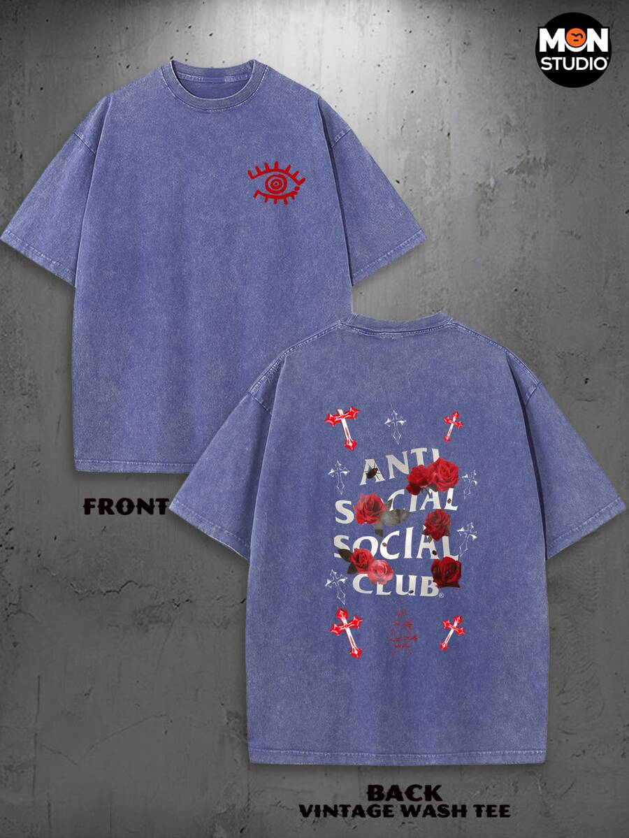 OM Studio - Retro Washed T-Shirt Double Sided Printed (230 Pure Cotton T-Shirt) Red Eyes Logo & Anti Social Club, Men's T-Shirt, Men's Casual, Comfortable, Fashionable T-Shirt, Street Style Cotton Size S XXXL, Ideal For Team Sports & Casual Attire, Gift For Family And Friends. - Royal Blue - View 1