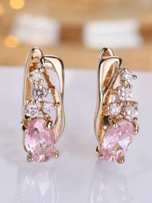 1pair Elegant Sparking Pink Synthetic Zirconia Golden Plated Hoop Earrings For Women Exquisite Wedding Banquet Perfect Jewelry Accessories - Earrings - View 7