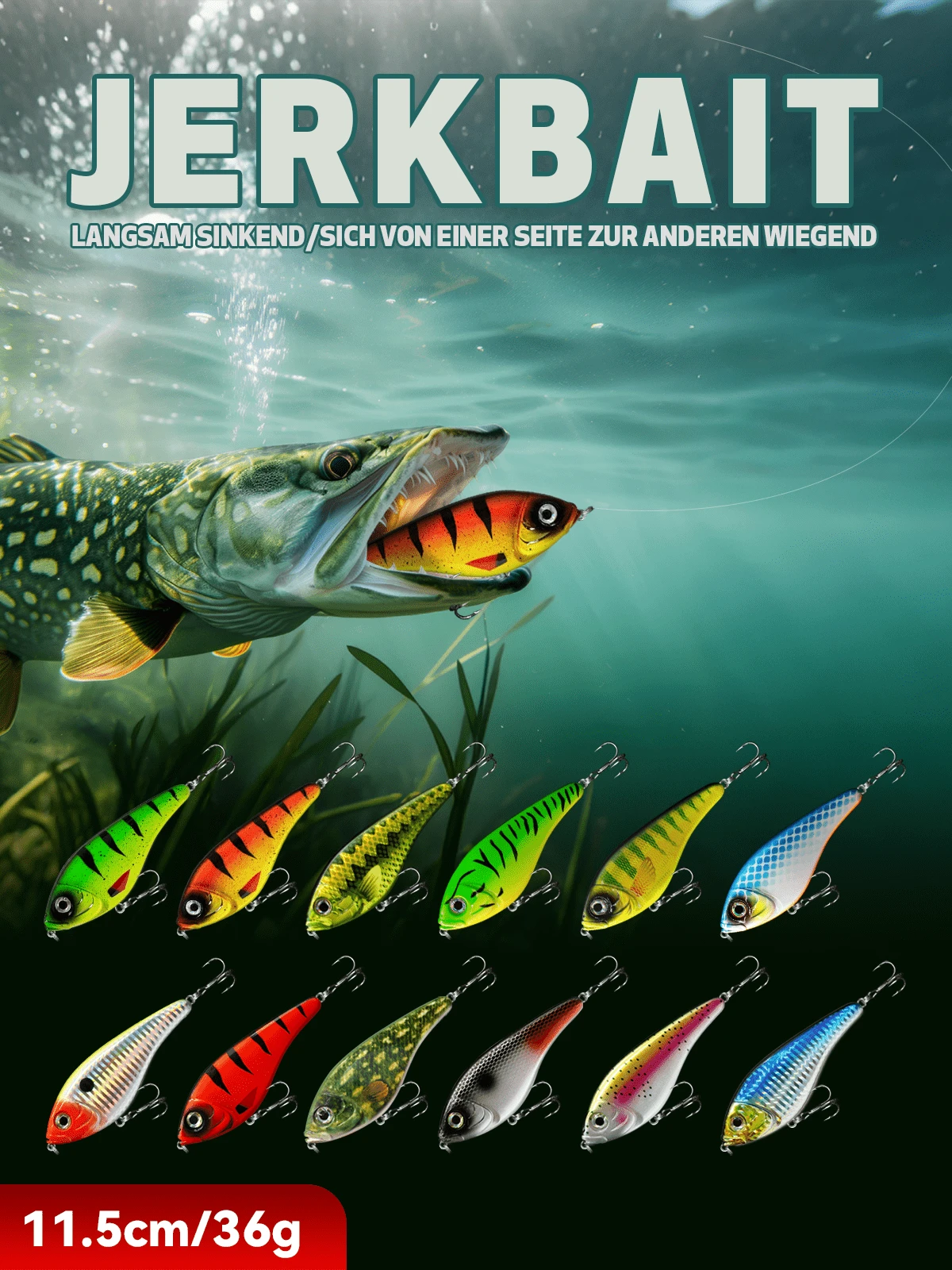 1 Mồi câu chìm chậm Jerkbait hạt rung ồn VIB dành cho cá Pike, 11,5cm/4,52in, 36g/1,27oz, Tay nghề tinh xảo, Nhiều màu - A - Xem 1