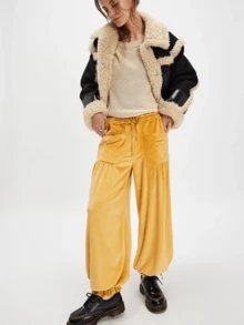 Women Elastic Drawstring Low Waist Cinched Ankle Fleece Long Pants With Pockets Y2k Going Out Vintage Velvet Bloomers - 黃色 - 查看 1