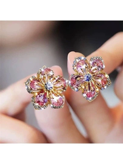 奢华独特风格工业风花朵耳钉，镶嵌闪亮水钻，时尚简约设计，情人节礼物