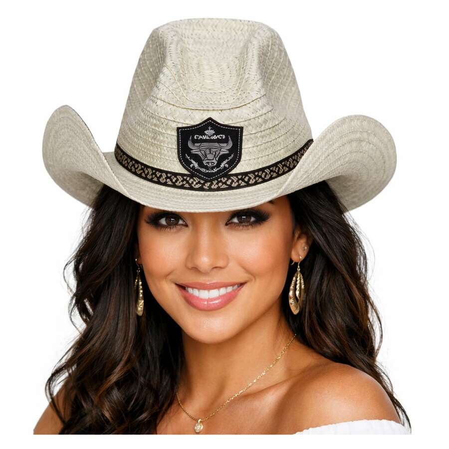 Sombrero vaquero de paja ligero y transpirable para verano, cómodo para uso diario y actividades al aire libre - Blanco - Ver 1