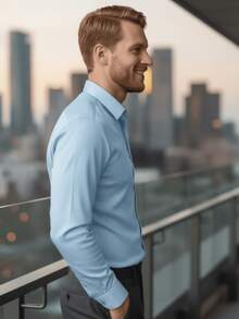 Men's Office Shirt, Long-Sleeved Slim Fit Casual Dress Shirt, Plain Shirt, Wrinkle-Free Shirt - 藍色 - 查看 4