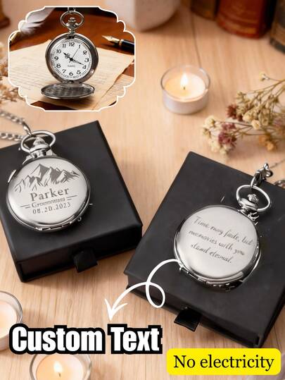1pc Personalized Engraved Vintage Pocket Watch, Non-Electric Retro Flip Cover Pocket Watch With Chain, Comes In Gift Box, Customizable Name Date Text, Groomsman Exclusive Gift, Wedding Memorial Pocket Watch, Groom Groomsmen Wedding Ceremony Souvenir, Men's Retro Accessory, Suitable For Wedding Day, Groomsman Thank You Gift, Wedding Anniversary Commemoration, Collection