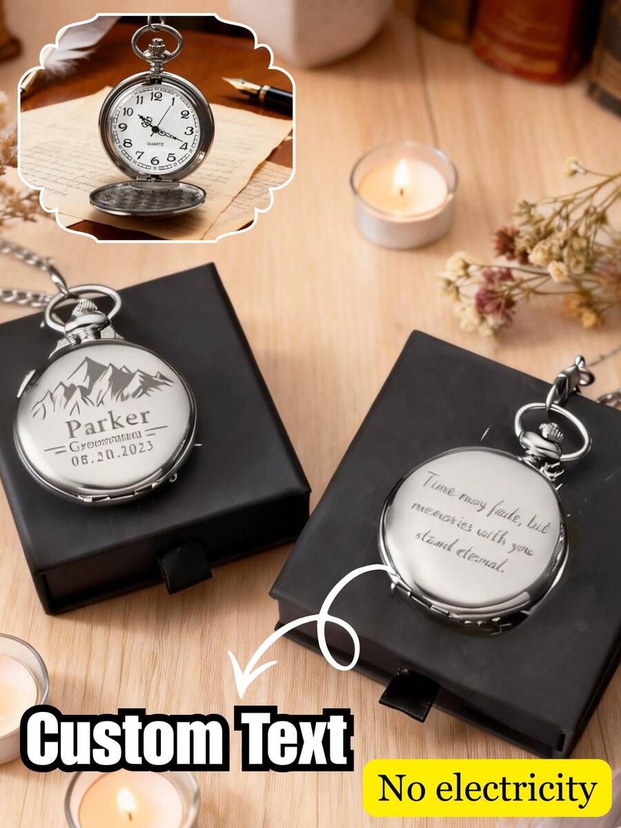1 pieza Reloj de bolsillo vintage personalizado y grabado, reloj de bolsillo retro con tapa abatible y sin electricidad, con cadena, viene en caja de regalo, con nombre personalizable, fecha y texto, regalo exclusivo para padrinos de boda, recuerdo de boda, accesorio retro para hombres, adecuado para el día de la boda, regalo de agradecimiento para padrinos de boda, conmemoración del aniversario de boda, colección, boda personalizada