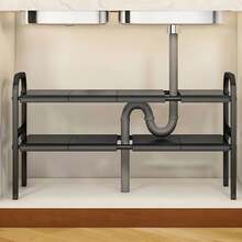 Estante de fregadero telescópico, armario de almacenamiento bajo el fregadero, estante de almacenamiento retráctil para fregadero, soporte de estante de cocina ajustable, estante de almacenamiento multifuncional, productos para el hogar, herramientas de fregadero para cocina, baño, dormitorio, sala de estar - Negro - Ver 6