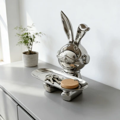 1pc Silver Long Ear Rabbit Shaped Storage Decor Piece, Suitable For Entryway Cabinet, Vanity, TV Stand, Decoration For Housewarming, Easter, Living Room, Foyer, Key Tray, Bookshelf, Tabletop
