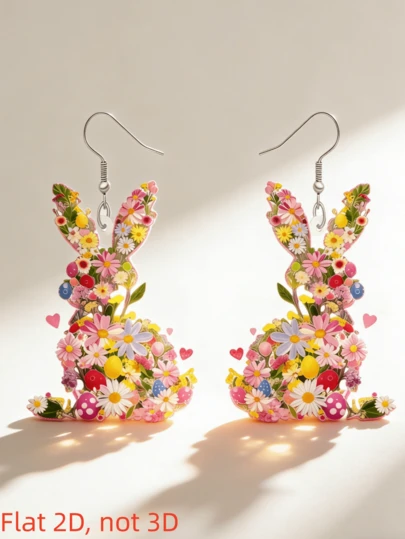 2D Floral Rabbit Egg Print Pendant Earrings, Easter Themed Earrings, Flat Acrylic Material, Suitable For Daily And Holiday Wear, Elegant And Fashionable Earrings, Creative Design, Suitable For All Seasons