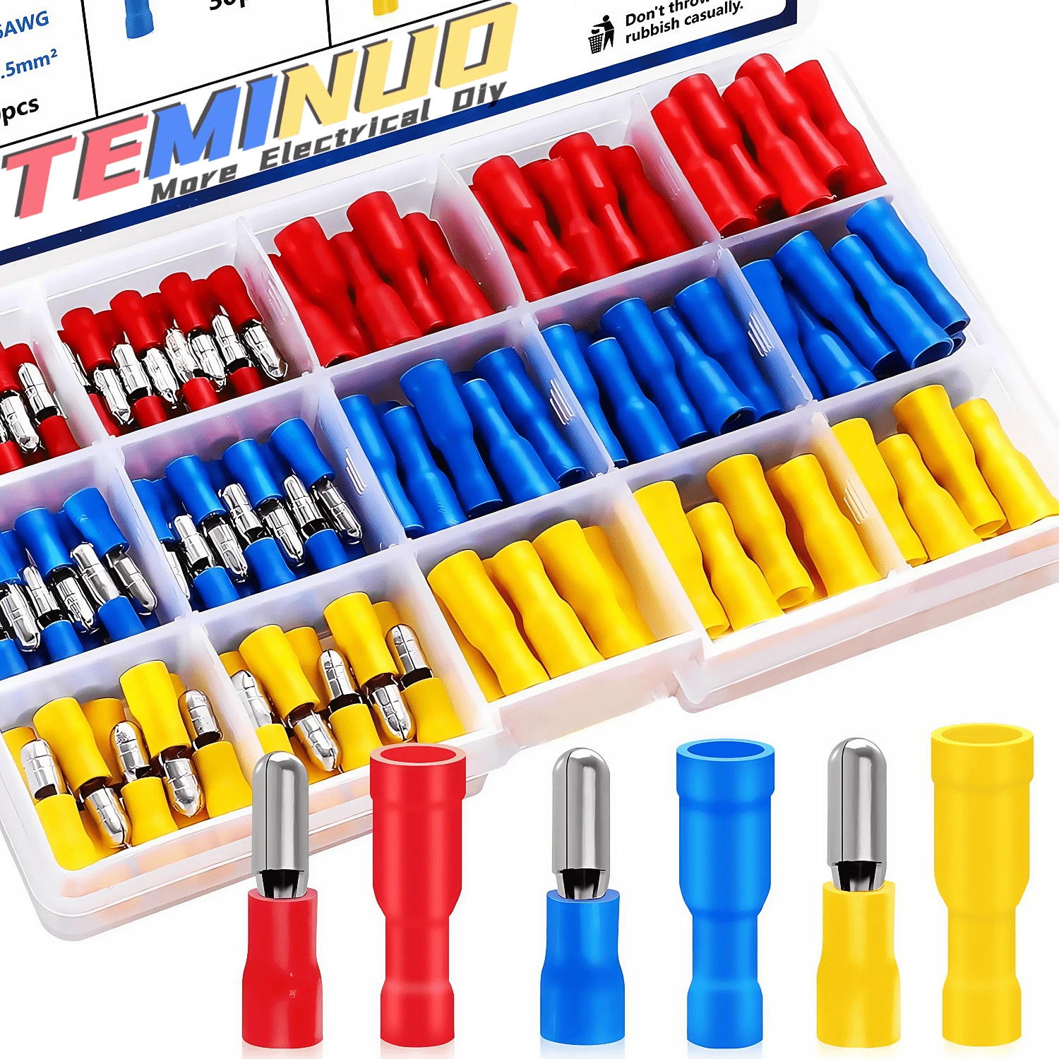 TEMINUO 160/80个子弹头对接连接器，公母通用，全绝缘PVC快速接线端子，适用于汽车、船舶、工业设备、卡车、摩托车等，22-10号线规，红黄蓝三色可选