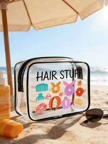 Transparent Pvc Portable Storage Bag With Comb, Combs, Makeup Brushes, Bows, Cosmetics And "Hair Stuff" Pattern,Medical Storage Bag,Large Capacity Makeup Organizer Makeup Case, Waterproof ,With Zippered ,Cosmetic Bag,Vacation Organizer,Beauty Bag,For Lipstick, Brush, Skincare, Mobile Phone, Coin, Small Items Storage ,Makeup Bag - Multicolor - View 5