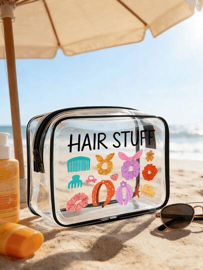 Transparent Pvc Portable Storage Bag With Comb, Combs, Makeup Brushes, Bows, Cosmetics And "Hair Stuff" Pattern,Medical Storage Bag,Large Capacity Makeup Organizer Makeup Case, Waterproof ,With Zippered ,Cosmetic Bag,Vacation Organizer,Beauty Bag,For Lipstick, Brush, Skincare, Mobile Phone, Coin, Small Items Storage