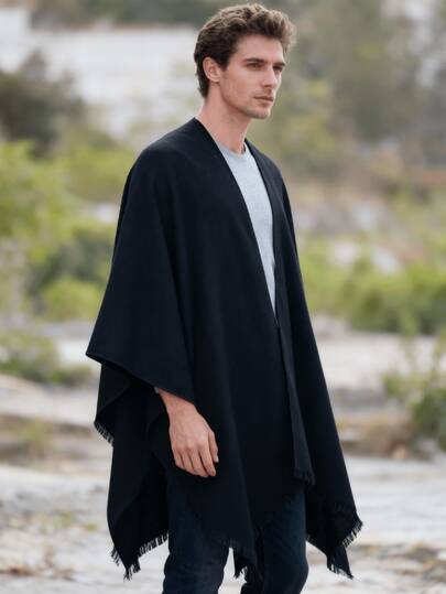 Men's Minimalist Solid Color Casual Lightweight Poncho Shawl, Suitable For Outdoor And Daily Use, Spring/Autumn