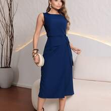 Women's Tailored Midi Dress With Elegant Side Tie - 藏蓝色 - 查看 2