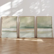 3幅现代海岸线条抽象风景水彩画，灰绿色调，帆布水墨画，春季墙面装饰画，可选择带框或不带框，家居装饰，理想的乔迁礼物，适用于宿舍、公寓、酒店、客厅、卧室、浴室、办公室墙面装饰 - 彩色 - 查看 1