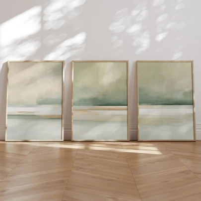 3幅现代海岸线条抽象风景水彩画，灰绿色调，帆布水墨画，春季墙面装饰画，可选择带框或不带框，家居装饰，理想的乔迁礼物，适用于宿舍、公寓、酒店、客厅、卧室、浴室、办公室墙面装饰