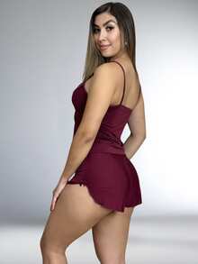 Pijama Baby Doll Malha Fria Tecido Fresquinho Roupa De Dormir Short Molinho Confortavel Langerie Sensual Renda - Vinho - Visão 3