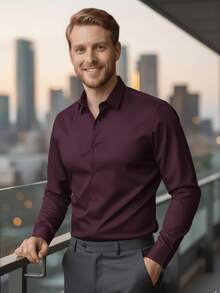 Plain Slim Fit Dress Shirt With Elastane - 紫紅色 - 查看 6