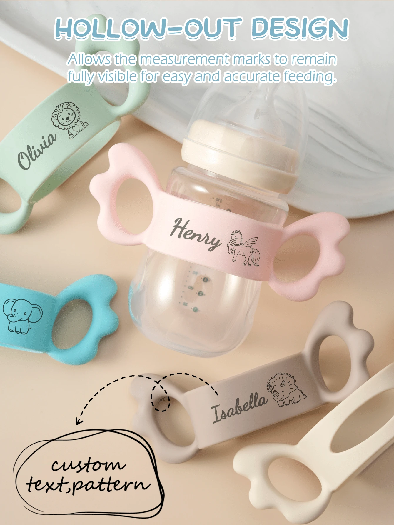 1pc Personalized Customization Debossed Name And Pattern Wings Silicone Baby Bottle Cover Lightweight Baby Bottle Handle Grip Sleeve With Partial Protection, Anti-Slip Design For Bottles And Water Cups Childern Essentials Gifts - Multicolor Laser - View 1