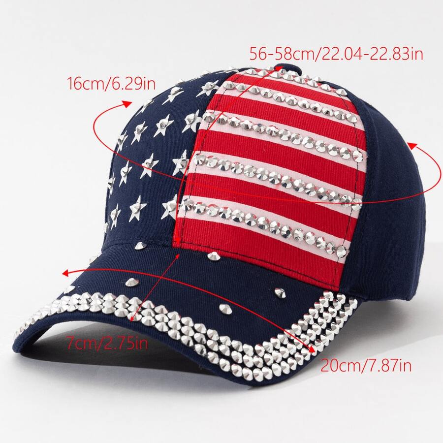 1 Patriotic American Flag Baseball Cap, Diamond Embellished - Handmade, All-Season Commuting Hat, Suitable For Independence Day And Daily Wear, White Base With Blue Stars And Red Stripes, Polyester Fabric, Everyday Hat| American Flag Design| Durable Headwear, Baseball Cap - 藏青色 - 查看 1