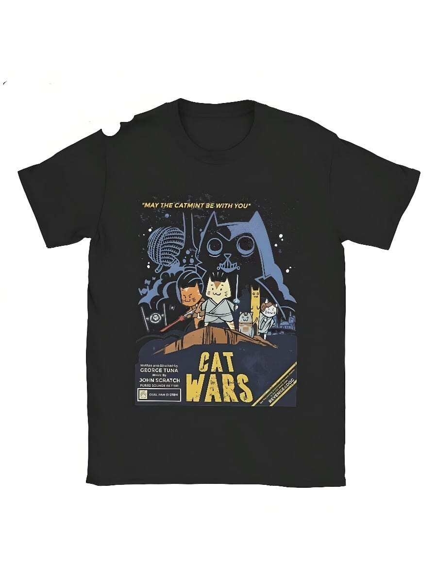 COOL SUMMER Star Cat Wars Tees Meow Wars Funny Cat Lover T Shirt For Men Vintage T-Shirt Short Sleeve Clothing Plus Size Graphic T Shirts - 黑色 - 查看 1
