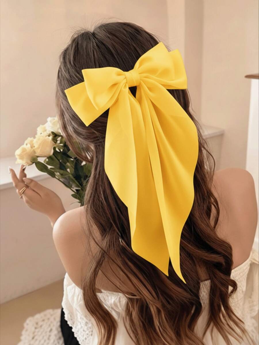 1件特大號緞面蝴蝶結髮夾，女士大蝴蝶結髮飾，法式長尾大蝴蝶結髮夾，適合女孩婚禮派對、情人節、日常佩戴（黃色蝴蝶結），抓夾，髮梳，髮夾，女士髮飾，頭飾，髮夾
