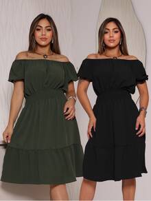 Set Of 2 Women's Casual Dresses In Vibrant Colors With Ruffles And Short Sleeves - Elegant - 軍綠色 - 查看 1