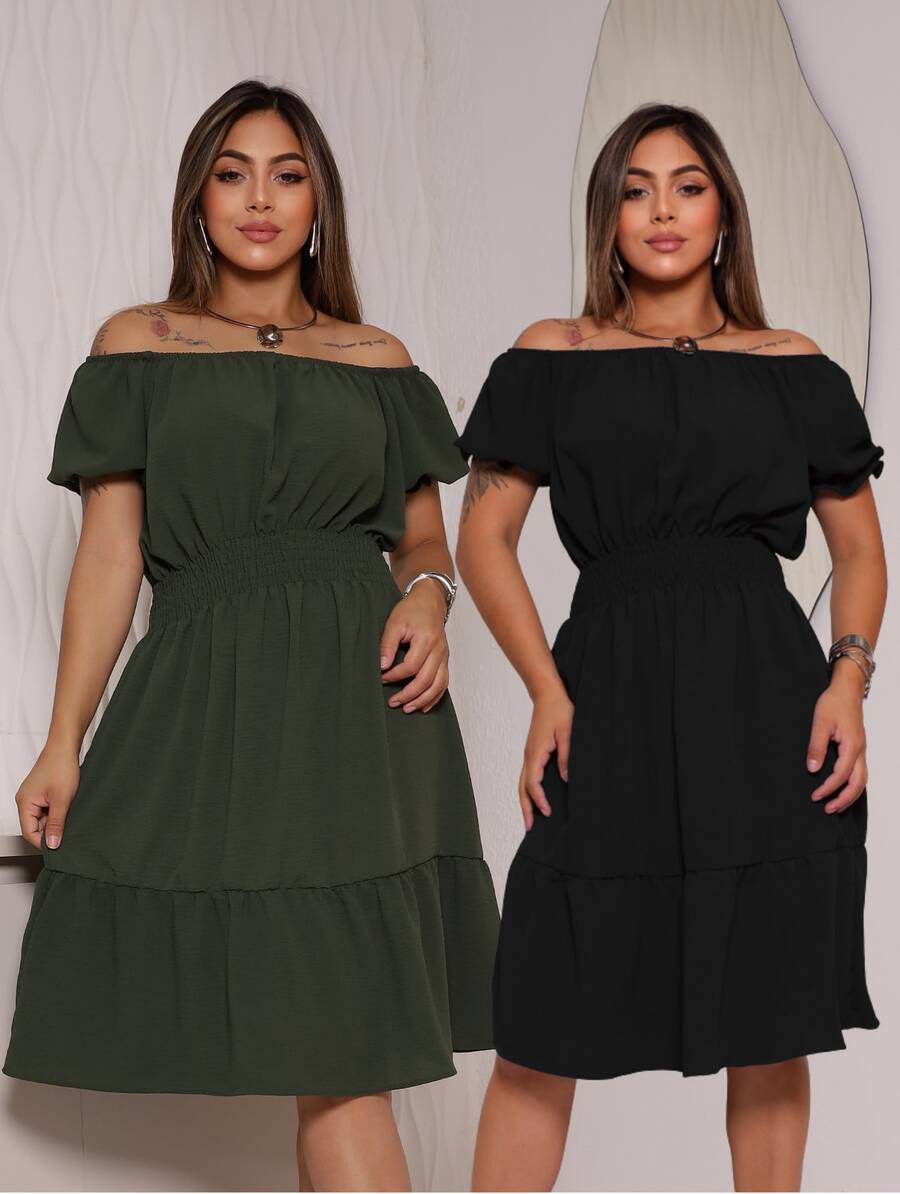 Set Of 2 Women's Casual Dresses In Vibrant Colors With Ruffles And Short Sleeves - Elegant - 軍綠色 - 查看 1